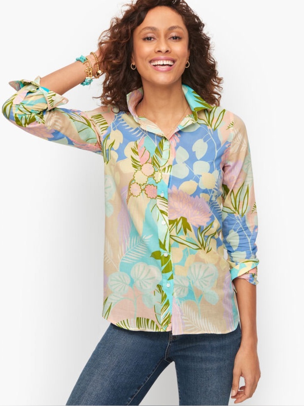 Talbots Tropical Print Lightweight Button Front Blouse